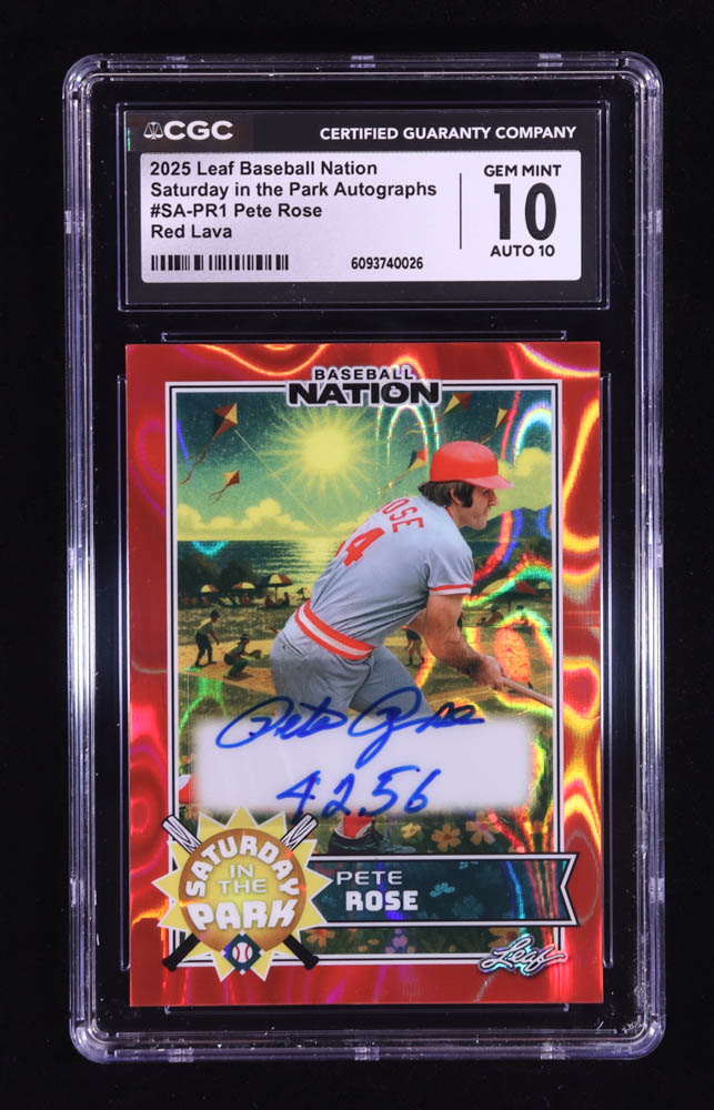 Pete Rose 2025 Leaf Baseball Nation Saturday in the Park Autograph Red Lava #SAPR1 #1/1 (CGC 10 | Auto 10) at PristineAuction.com Pete Rose 2025 Leaf Baseball Nation Saturday in the Park Autograph Red Lava #SAPR1 #1/1 (CGC 10 | Auto 10) at PristineAuction.com