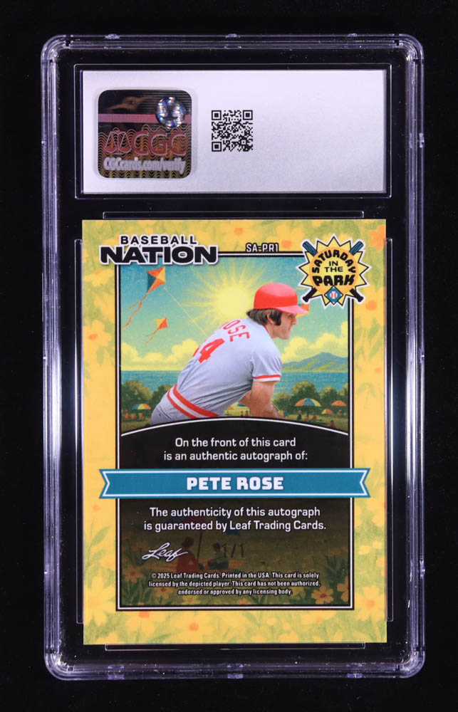 Pete Rose 2025 Leaf Baseball Nation Saturday in the Park Autograph Red Lava #SAPR1 #1/1 (CGC 10 | Auto 10) at PristineAuction.com Pete Rose 2025 Leaf Baseball Nation Saturday in the Park Autograph Red Lava #SAPR1 #1/1 (CGC 10 | Auto 10) at PristineAuction.com