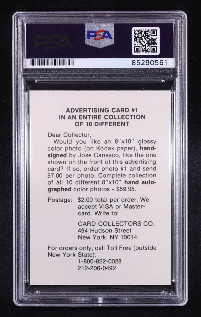 Jose Canseco Signed 1986 Card Collectors Company Canseco #1 RC (PSA) at PristineAuction.com Jose Canseco Signed 1986 Card Collectors Company Canseco #1 RC (PSA) at PristineAuction.com