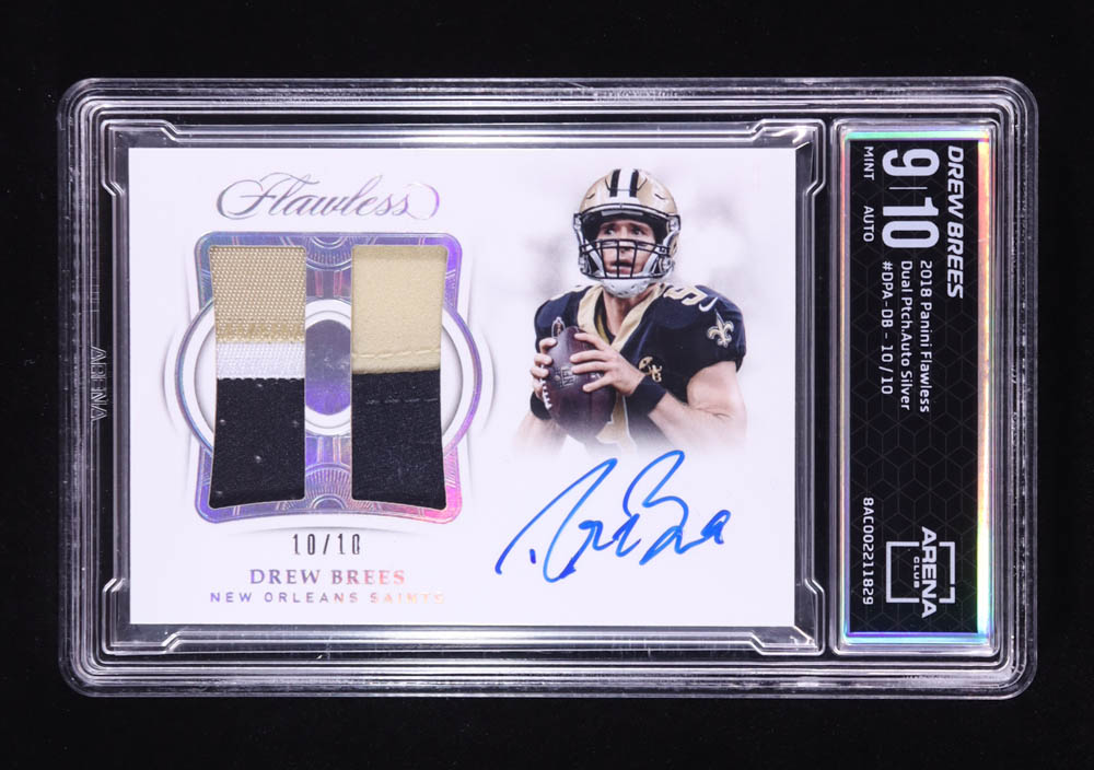 Drew Brees 2018 Panini Flawless Dual Patch Autographs Silver #4 #10/10 (Arena 9 | Auto 10) at PristineAuction.com Drew Brees 2018 Panini Flawless Dual Patch Autographs Silver #4 #10/10 (Arena 9 | Auto 10) at PristineAuction.com