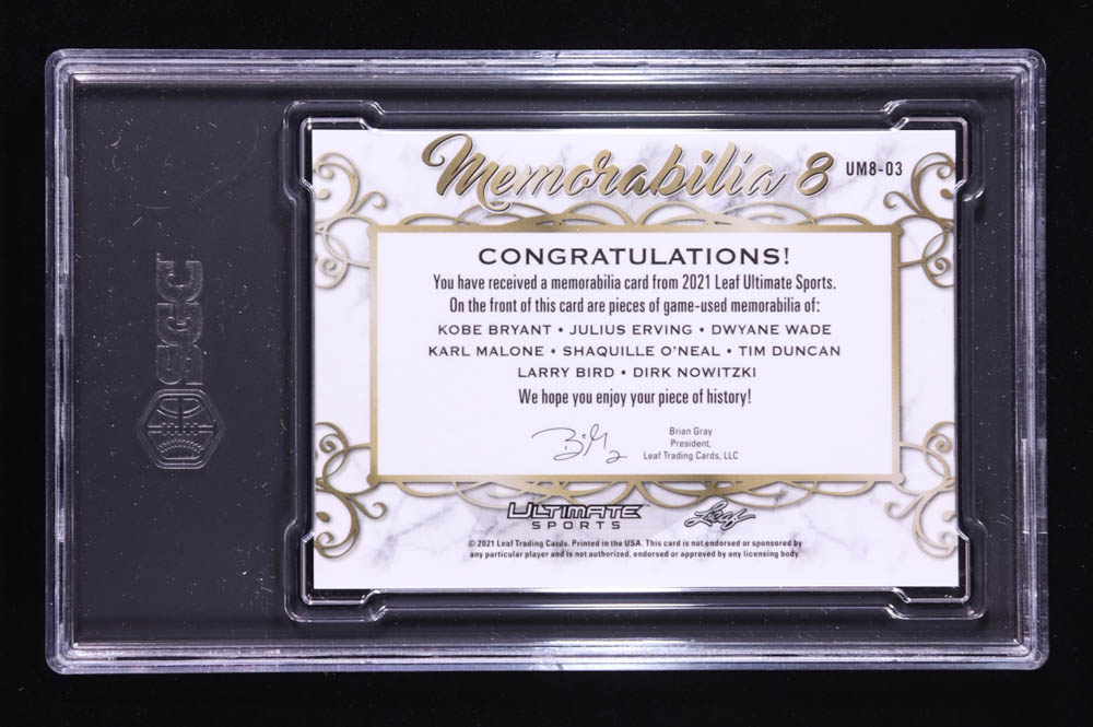 2021 Leaf Ultimate Sport Ultimate Memorablila 8 Purple #UM803 Kobe Bryant / Julius Erving / Dwyane Wade / Karl Malone / Shaquille O'Neal / Tim Duncan / Larry Bird / Dirk Nowitzki #01/12 (SGC 9.5) at PristineAuction.com 2021 Leaf Ultimate Sport Ultimate Memorablila 8 Purple #UM803 Kobe Bryant / Julius Erving / Dwyane Wade / Karl Malone / Shaquille O'Neal / Tim Duncan / Larry Bird / Dirk Nowitzki #01/12 (SGC 9.5) at PristineAuction.com