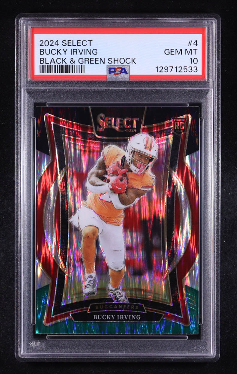 Bucky Irving 2024 Select Prizm Black and Green Shock #4 RC (PSA 10) at PristineAuction.com Bucky Irving 2024 Select Prizm Black and Green Shock #4 RC (PSA 10) at PristineAuction.com
