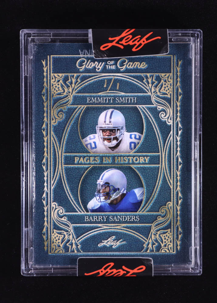 Emmitt Smith / Barry Sanders 2025 Leaf Glory of the Game Pages in History Patch Autographs Holo Gold #PH3 #1/1 at PristineAuction.com Emmitt Smith / Barry Sanders 2025 Leaf Glory of the Game Pages in History Patch Autographs Holo Gold #PH3 #1/1 at PristineAuction.com
