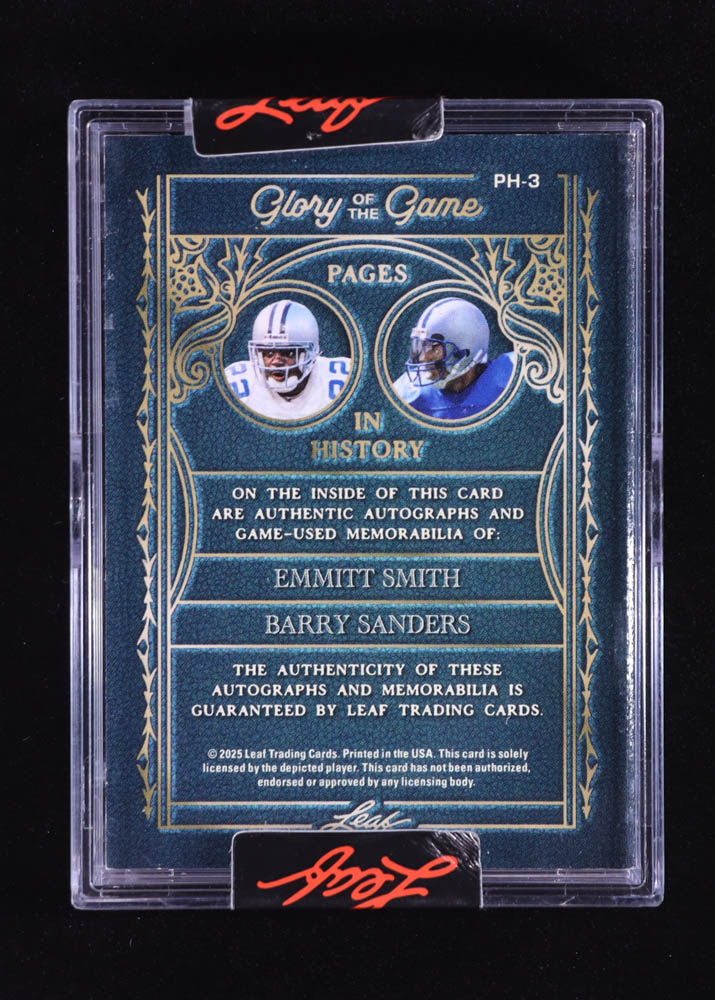 Emmitt Smith / Barry Sanders 2025 Leaf Glory of the Game Pages in History Patch Autographs Holo Gold #PH3 #1/1 at PristineAuction.com Emmitt Smith / Barry Sanders 2025 Leaf Glory of the Game Pages in History Patch Autographs Holo Gold #PH3 #1/1 at PristineAuction.com
