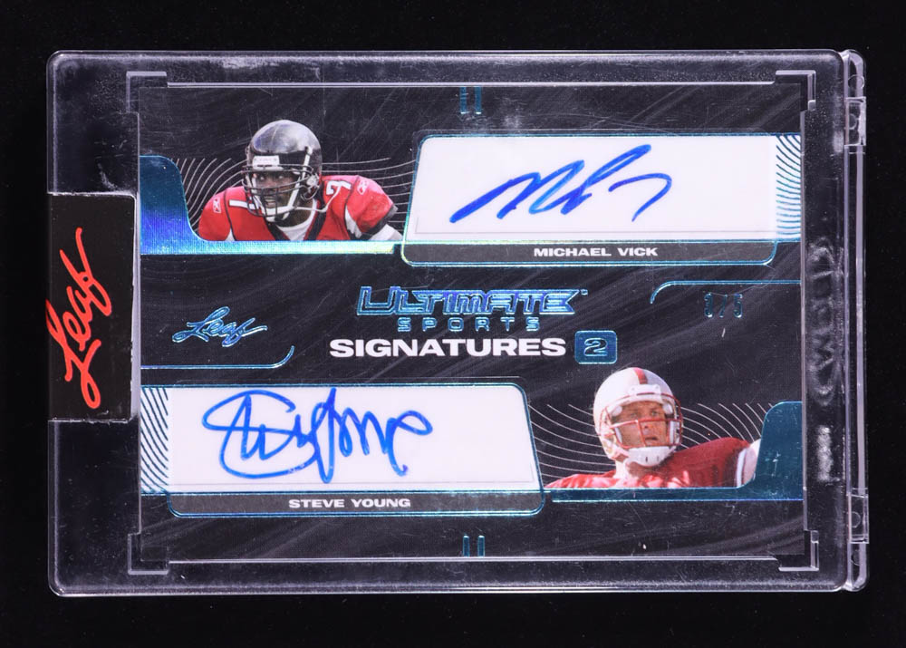 Michael Vick / Steve Young 2021 Leaf Ultimate Sport Ultimate Signatures 2 Platinum #US218 #3/5 at PristineAuction.com Michael Vick / Steve Young 2021 Leaf Ultimate Sport Ultimate Signatures 2 Platinum #US218 #3/5 at PristineAuction.com