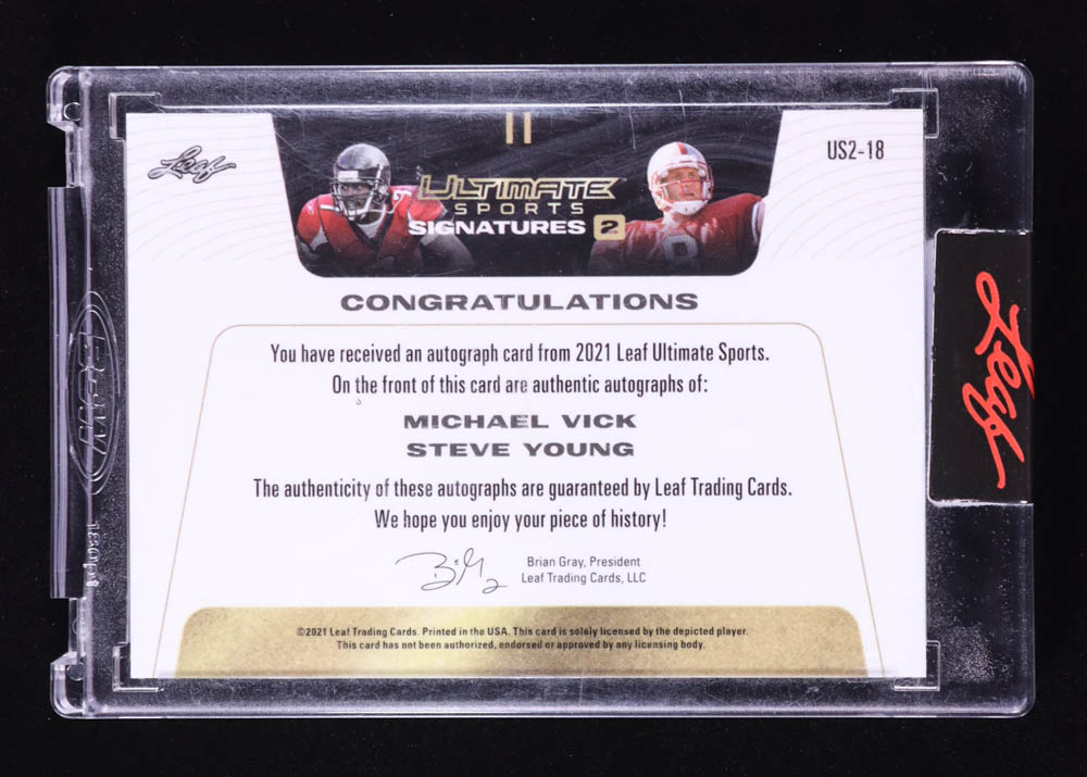 Michael Vick / Steve Young 2021 Leaf Ultimate Sport Ultimate Signatures 2 Platinum #US218 #3/5 at PristineAuction.com Michael Vick / Steve Young 2021 Leaf Ultimate Sport Ultimate Signatures 2 Platinum #US218 #3/5 at PristineAuction.com
