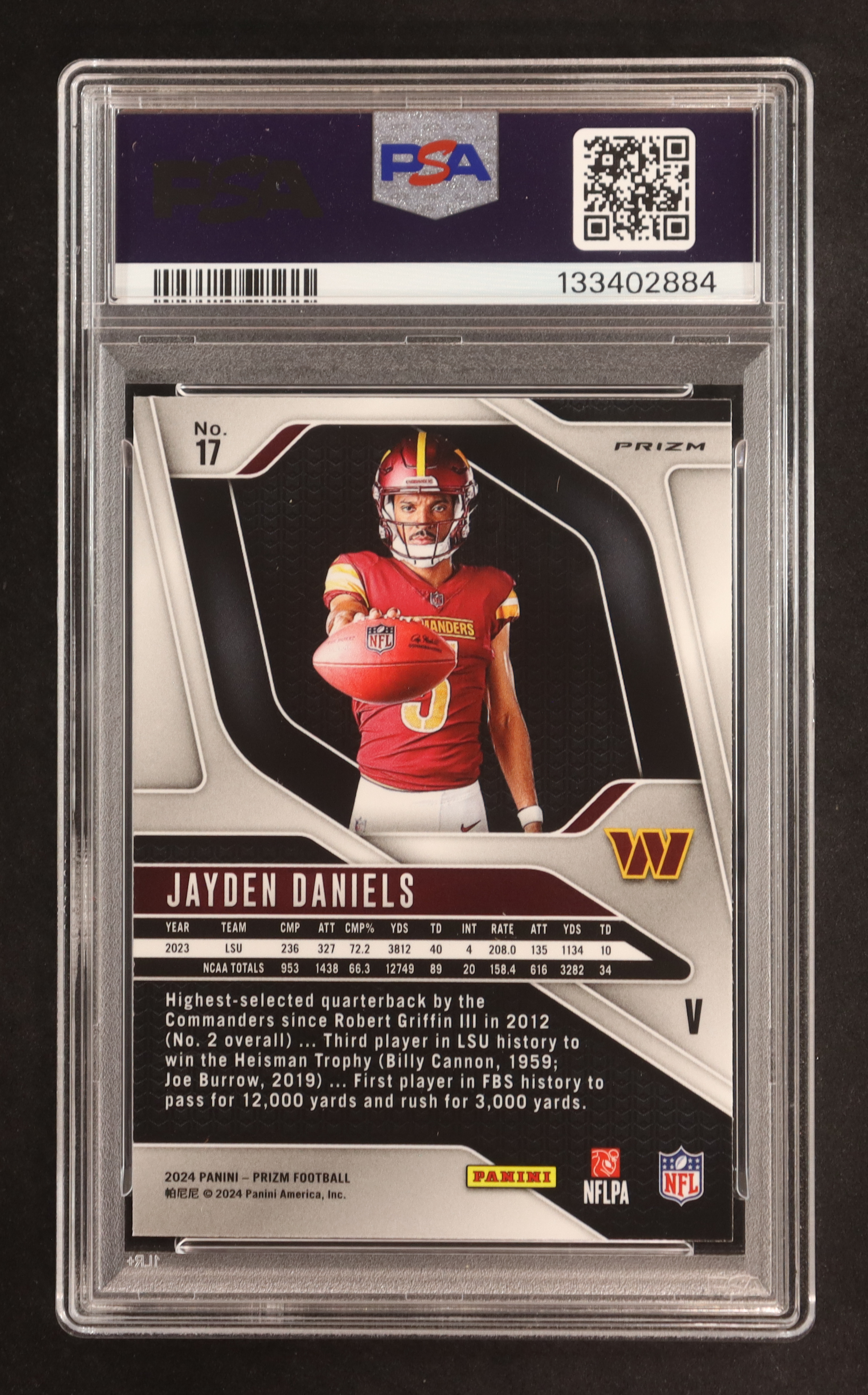 Jayden Daniels 2024 Panini Prizm Rookie Variations Prizms No Huddle #17 RC (PSA 9) at PristineAuction.com Jayden Daniels 2024 Panini Prizm Rookie Variations Prizms No Huddle #17 RC (PSA 9) at PristineAuction.com