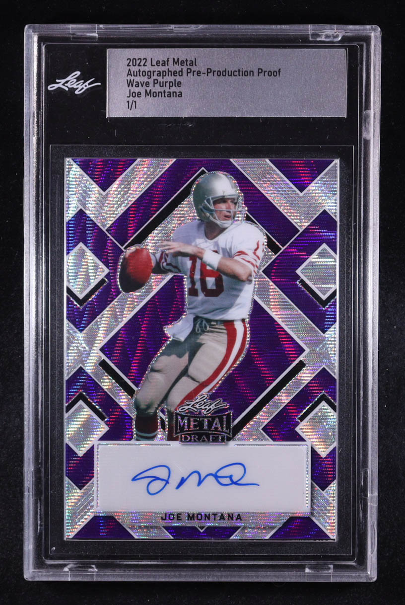Joe Montana 2022 Leaf Metal Draft Autographed Pre-Production Proof Purple Wave #NNO #1/1 (Leaf) at PristineAuction.com Joe Montana 2022 Leaf Metal Draft Autographed Pre-Production Proof Purple Wave #NNO #1/1 (Leaf) at PristineAuction.com