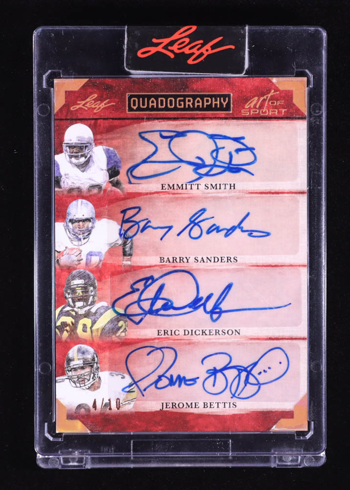 Emmitt Smith / Barry Sanders / Eric Dickerson / Jerome Bettis 2023 Leaf Art of Sport Quadography Bronze Spectrum Holofoil #Q14 #04/10 at PristineAuction.com Emmitt Smith / Barry Sanders / Eric Dickerson / Jerome Bettis 2023 Leaf Art of Sport Quadography Bronze Spectrum Holofoil #Q14 #04/10 at PristineAuction.com