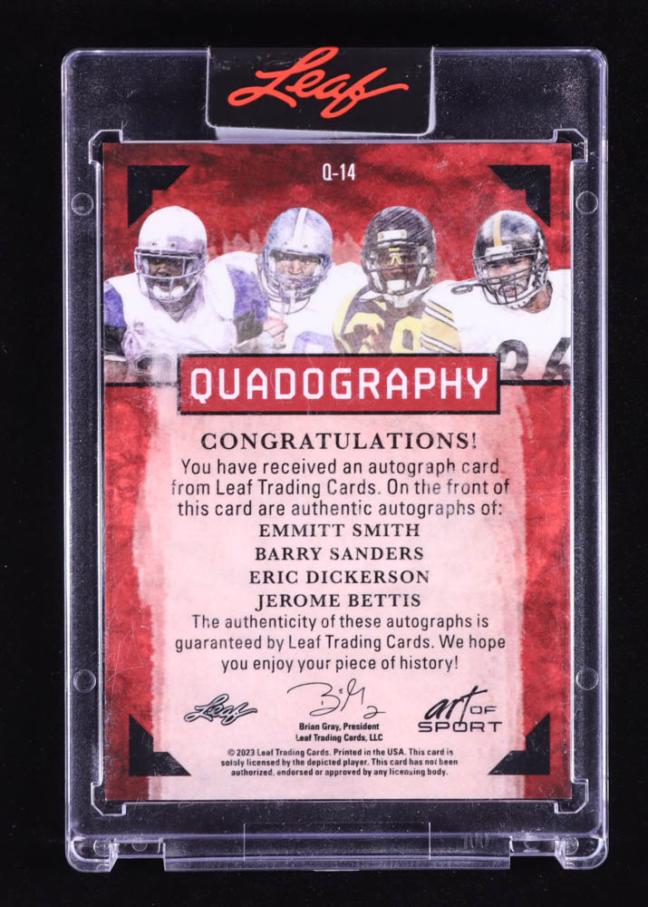 Emmitt Smith / Barry Sanders / Eric Dickerson / Jerome Bettis 2023 Leaf Art of Sport Quadography Bronze Spectrum Holofoil #Q14 #04/10 at PristineAuction.com Emmitt Smith / Barry Sanders / Eric Dickerson / Jerome Bettis 2023 Leaf Art of Sport Quadography Bronze Spectrum Holofoil #Q14 #04/10 at PristineAuction.com