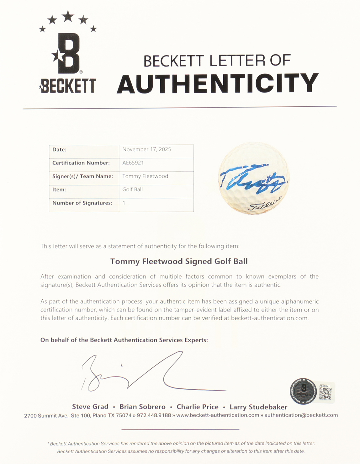 Tommy Fleetwood Signed Masters Golf Ball (Beckett) at PristineAuction.com Tommy Fleetwood Signed Masters Golf Ball (Beckett) at PristineAuction.com