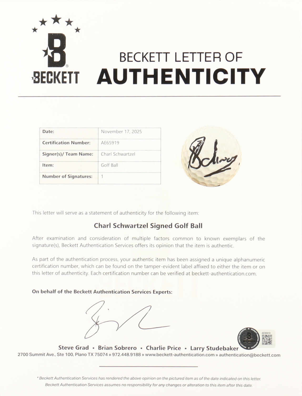 Charl Schwartzel Signed Masters Logo Golf Ball (Beckett) at PristineAuction.com Charl Schwartzel Signed Masters Logo Golf Ball (Beckett) at PristineAuction.com