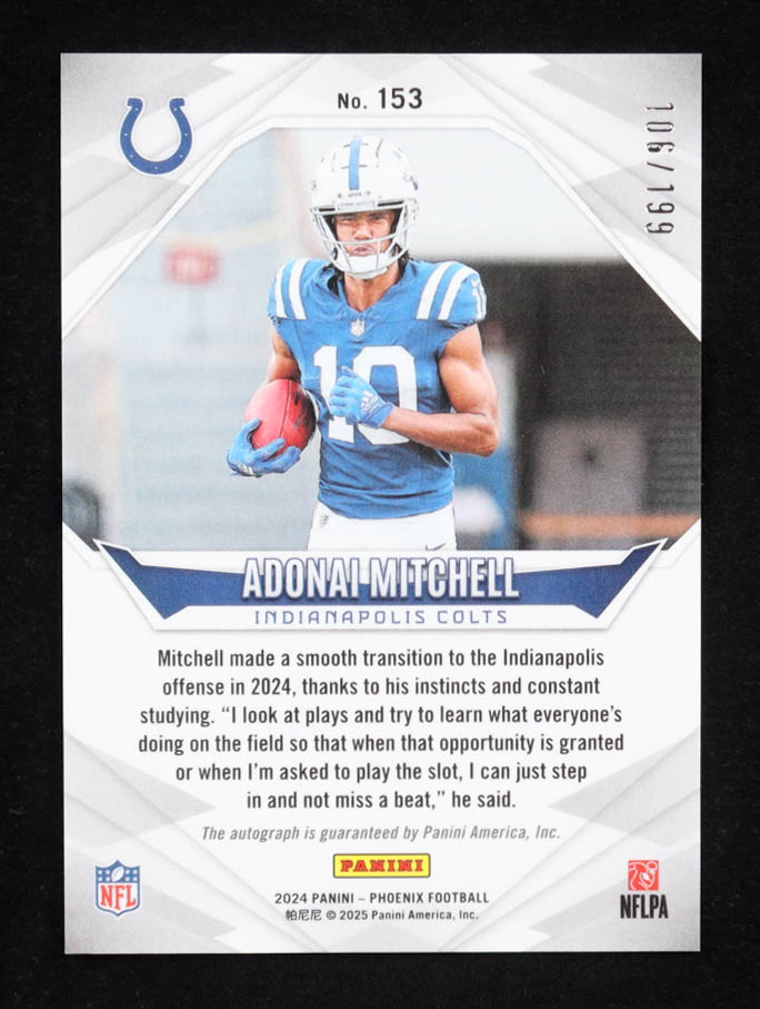 Adonai Mitchell 2024 Panini Phoenix Rookie Autographs Silver #153 #106/199 RC at PristineAuction.com Adonai Mitchell 2024 Panini Phoenix Rookie Autographs Silver #153 #106/199 RC at PristineAuction.com