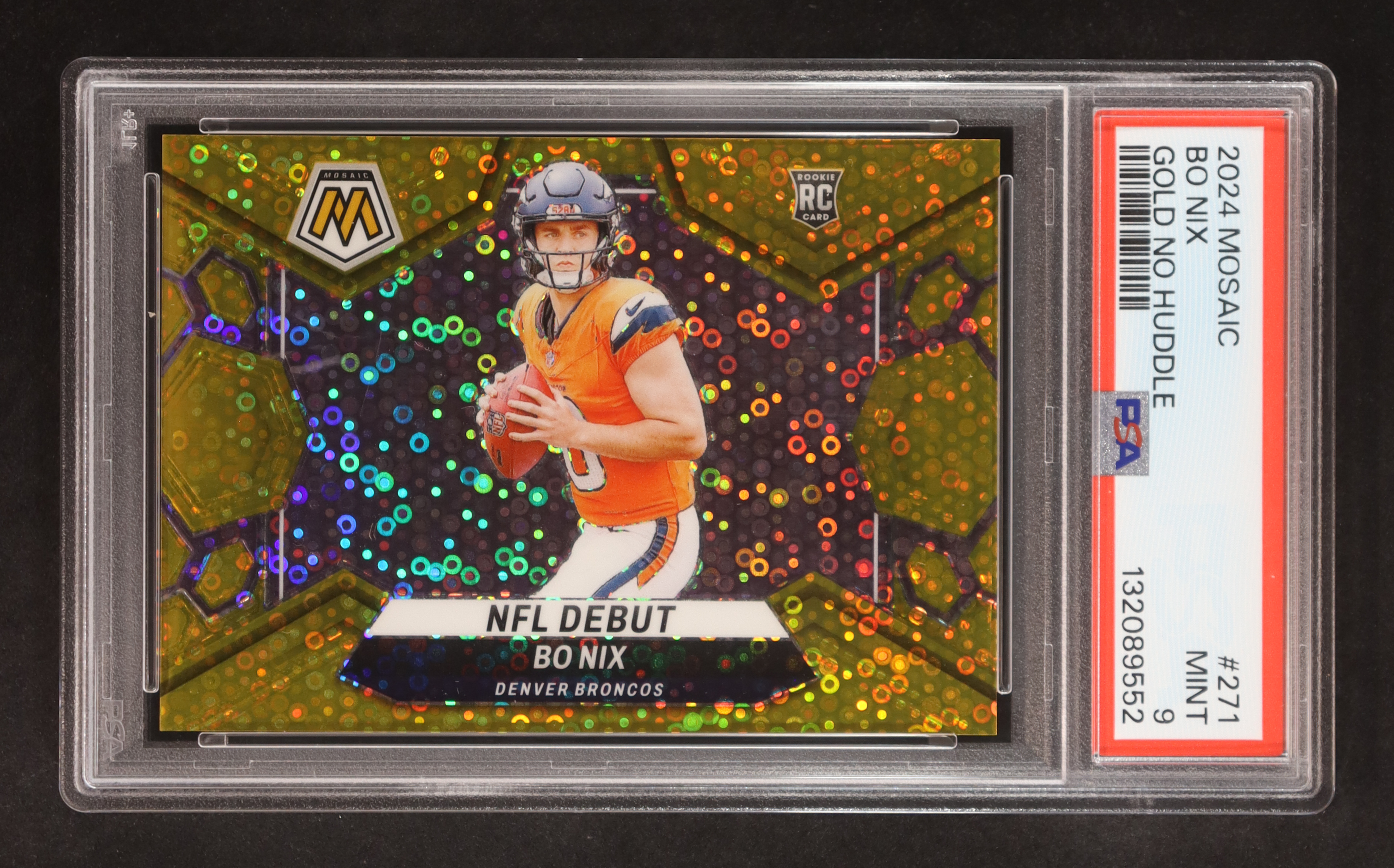 Bo Nix 2024 Panini Mosaic Mosaic No Huddle Gold #271 #02/10 RC (PSA 9) at PristineAuction.com Bo Nix 2024 Panini Mosaic Mosaic No Huddle Gold #271 #02/10 RC (PSA 9) at PristineAuction.com