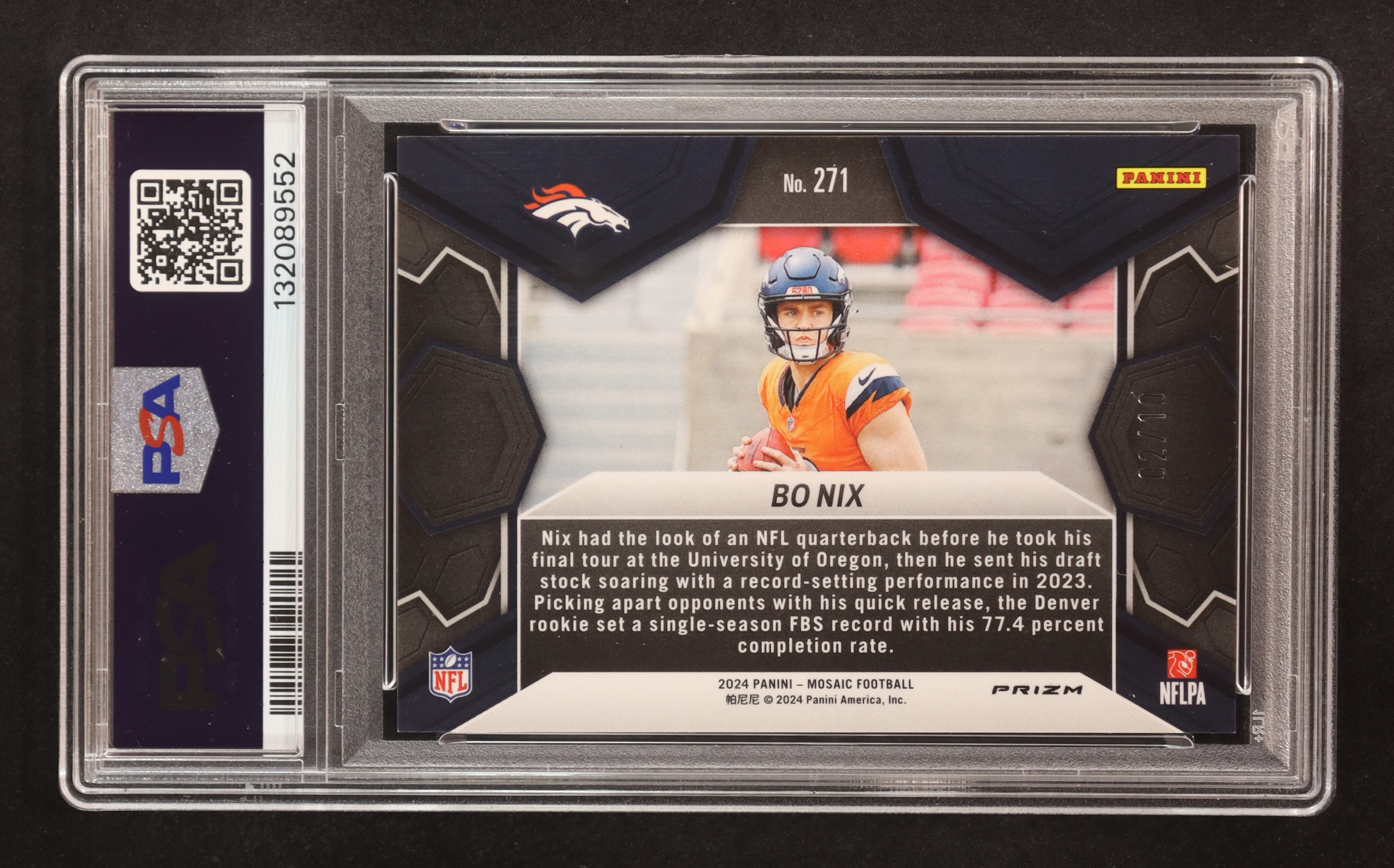 Bo Nix 2024 Panini Mosaic Mosaic No Huddle Gold #271 #02/10 RC (PSA 9) at PristineAuction.com Bo Nix 2024 Panini Mosaic Mosaic No Huddle Gold #271 #02/10 RC (PSA 9) at PristineAuction.com