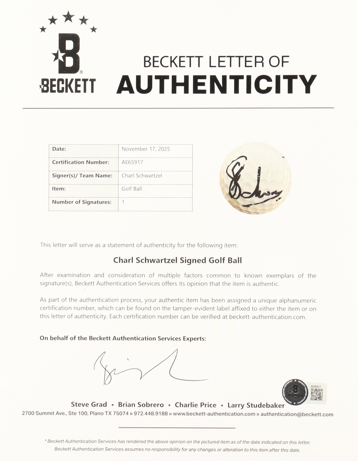 Charl Schwartzel Signed Masters Logo Golf Ball (Beckett) at PristineAuction.com Charl Schwartzel Signed Masters Logo Golf Ball (Beckett) at PristineAuction.com