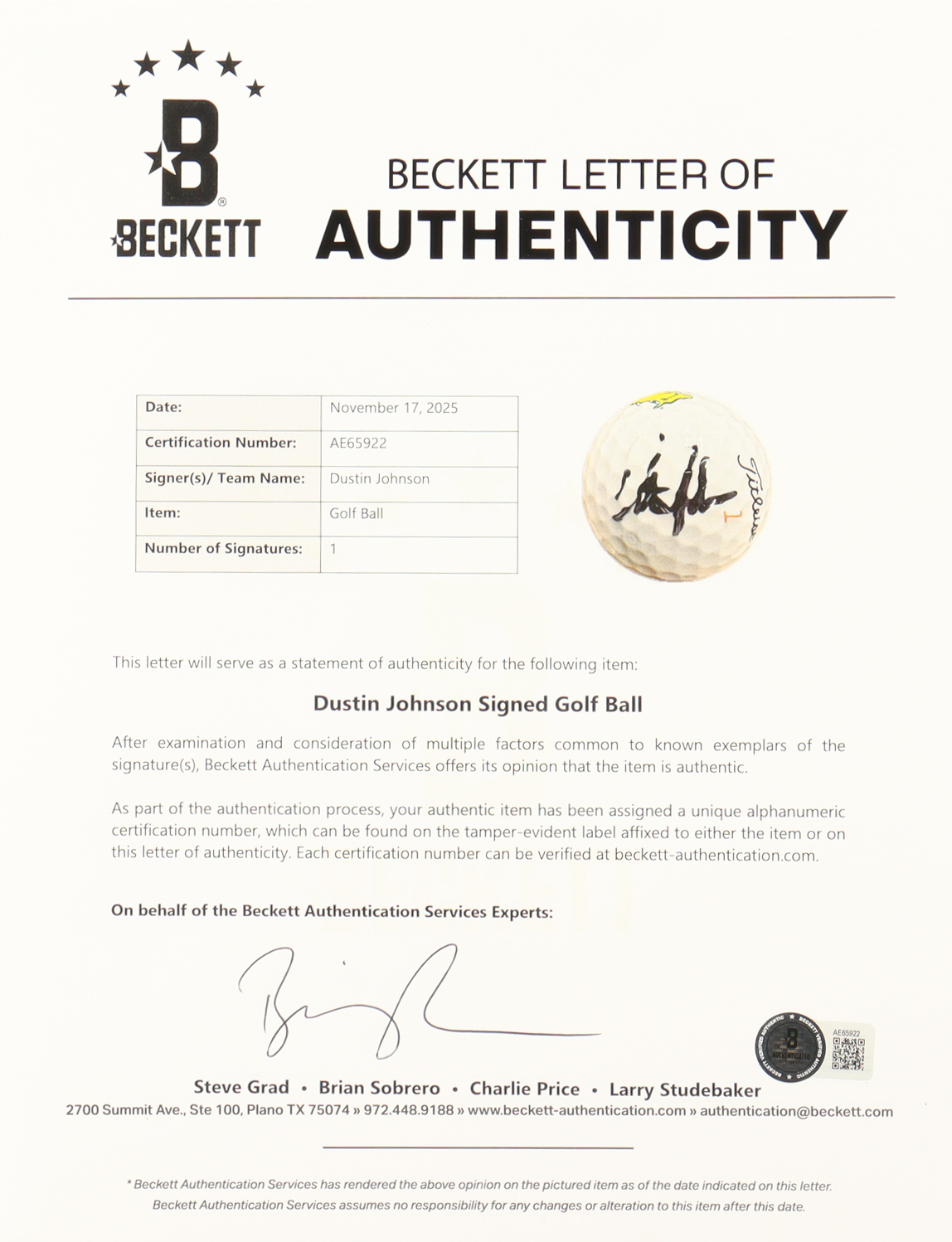 Dustin Johnson Signed Masters Logo Golf Ball (Beckett) at PristineAuction.com Dustin Johnson Signed Masters Logo Golf Ball (Beckett) at PristineAuction.com