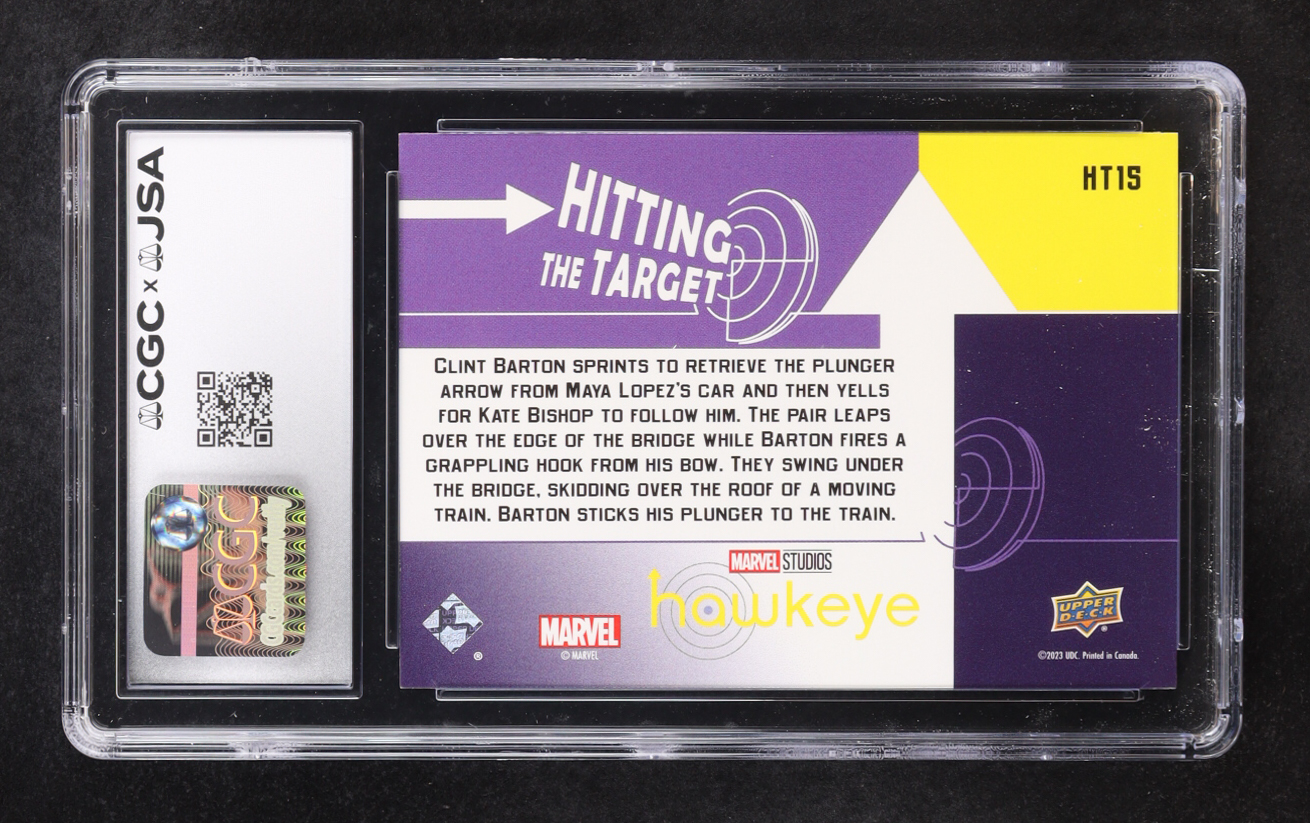 Hawkeye 2023 Upper Deck Cover Me Hitting the Target #HT15 (CGC 8.5) at PristineAuction.com Hawkeye 2023 Upper Deck Cover Me Hitting the Target #HT15 (CGC 8.5) at PristineAuction.com