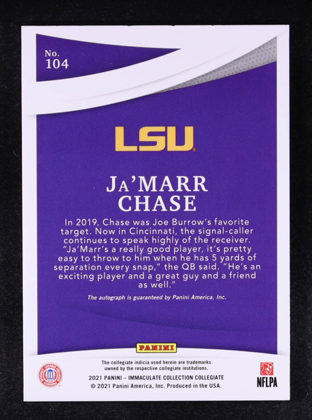 Ja'Marr Chase 2021 Immaculate Collection Collegiate Rookie Autographs #104 #27/99 RC at PristineAuction.com Ja'Marr Chase 2021 Immaculate Collection Collegiate Rookie Autographs #104 #27/99 RC at PristineAuction.com