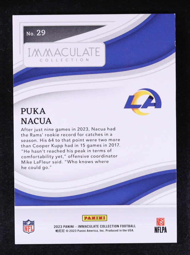 Puka Nacua 2023 Immaculate Collection Blue #29 #02/10 RC at PristineAuction.com Puka Nacua 2023 Immaculate Collection Blue #29 #02/10 RC at PristineAuction.com