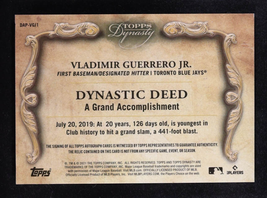 Vladimir Guerrero Jr. 2021 Topps Dynasty Autograph Patches #DAPVGJ1 #06/10 at PristineAuction.com Vladimir Guerrero Jr. 2021 Topps Dynasty Autograph Patches #DAPVGJ1 #06/10 at PristineAuction.com