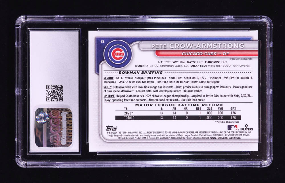 Pete Crow-Armstrong 2024 Bowman Chrome Bowman Mega Box #85 RC (CGC 10) at PristineAuction.com Pete Crow-Armstrong 2024 Bowman Chrome Bowman Mega Box #85 RC (CGC 10) at PristineAuction.com