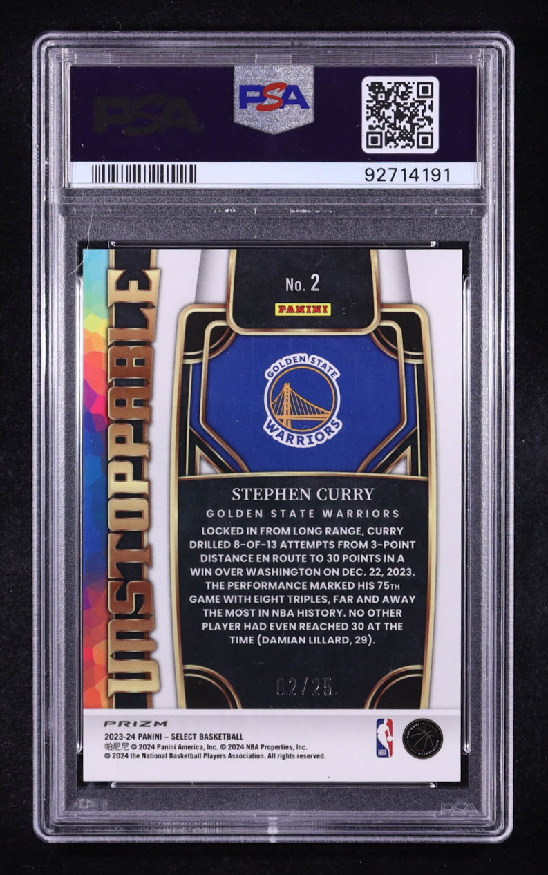 Stephen Curry 2023-24 Select Unstoppable Tie-Dye Prizms #2 #02/25 (PSA 9) at PristineAuction.com Stephen Curry 2023-24 Select Unstoppable Tie-Dye Prizms #2 #02/25 (PSA 9) at PristineAuction.com