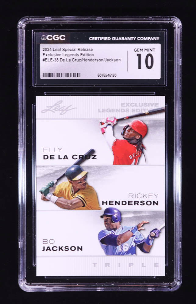 Elly De La Cruz RC / Rickey Henderson / Bo Jackson 2024 Leaf Special Release Exclusive Legends Edition #ELE38 (CGC 10) at PristineAuction.com Elly De La Cruz RC / Rickey Henderson / Bo Jackson 2024 Leaf Special Release Exclusive Legends Edition #ELE38 (CGC 10) at PristineAuction.com