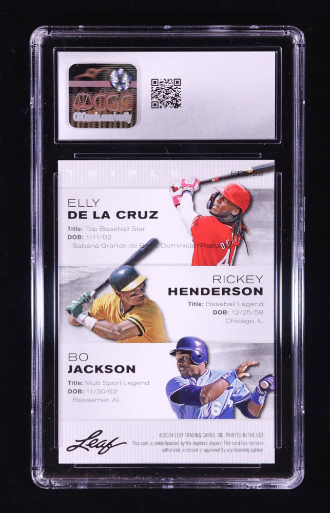 Elly De La Cruz RC / Rickey Henderson / Bo Jackson 2024 Leaf Special Release Exclusive Legends Edition #ELE38 (CGC 10) at PristineAuction.com Elly De La Cruz RC / Rickey Henderson / Bo Jackson 2024 Leaf Special Release Exclusive Legends Edition #ELE38 (CGC 10) at PristineAuction.com