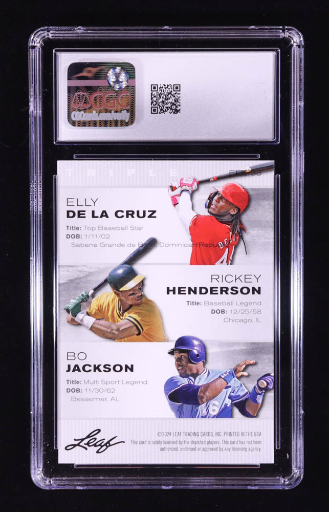 Elly De La Cruz RC / Rickey Henderson / Bo Jackson 2024 Leaf Special Release Exclusive Legends Edition #ELE38 (CGC 10) at PristineAuction.com Elly De La Cruz RC / Rickey Henderson / Bo Jackson 2024 Leaf Special Release Exclusive Legends Edition #ELE38 (CGC 10) at PristineAuction.com