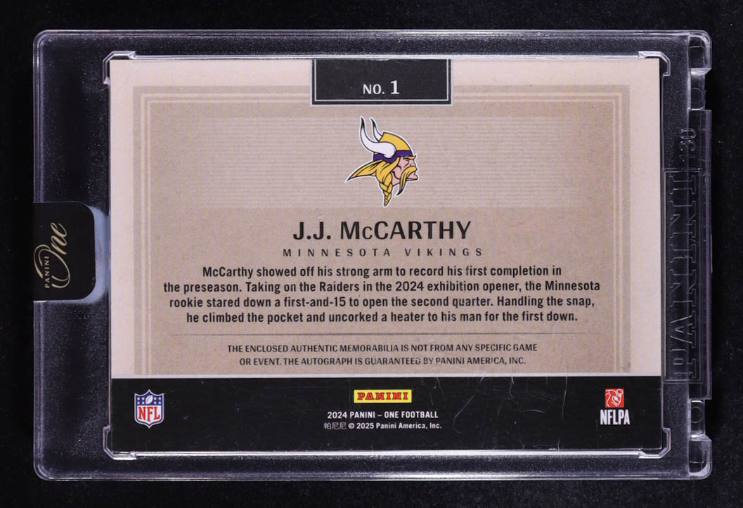 J.J. McCarthy 2024 Panini One #1 #102/199 JSY AU RC at PristineAuction.com J.J. McCarthy 2024 Panini One #1 #102/199 JSY AU RC at PristineAuction.com