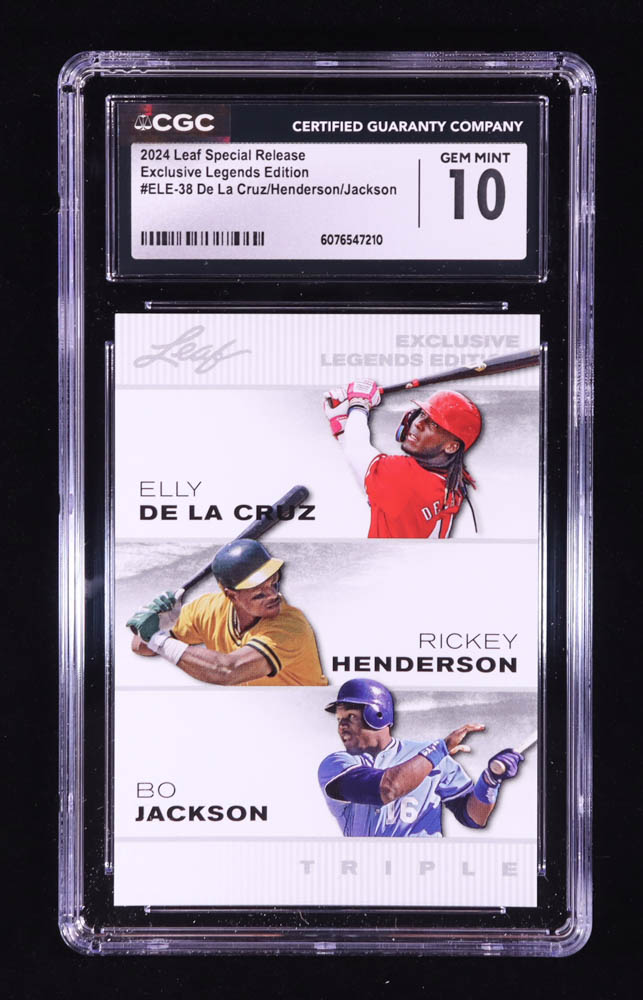 Elly De La Cruz RC / Rickey Henderson / Bo Jackson 2024 Leaf Special Release Exclusive Legends Edition #ELE38 (CGC 10) at PristineAuction.com Elly De La Cruz RC / Rickey Henderson / Bo Jackson 2024 Leaf Special Release Exclusive Legends Edition #ELE38 (CGC 10) at PristineAuction.com