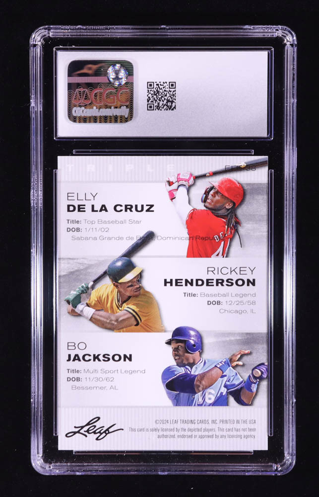 Elly De La Cruz RC / Rickey Henderson / Bo Jackson 2024 Leaf Special Release Exclusive Legends Edition #ELE38 (CGC 10) at PristineAuction.com Elly De La Cruz RC / Rickey Henderson / Bo Jackson 2024 Leaf Special Release Exclusive Legends Edition #ELE38 (CGC 10) at PristineAuction.com