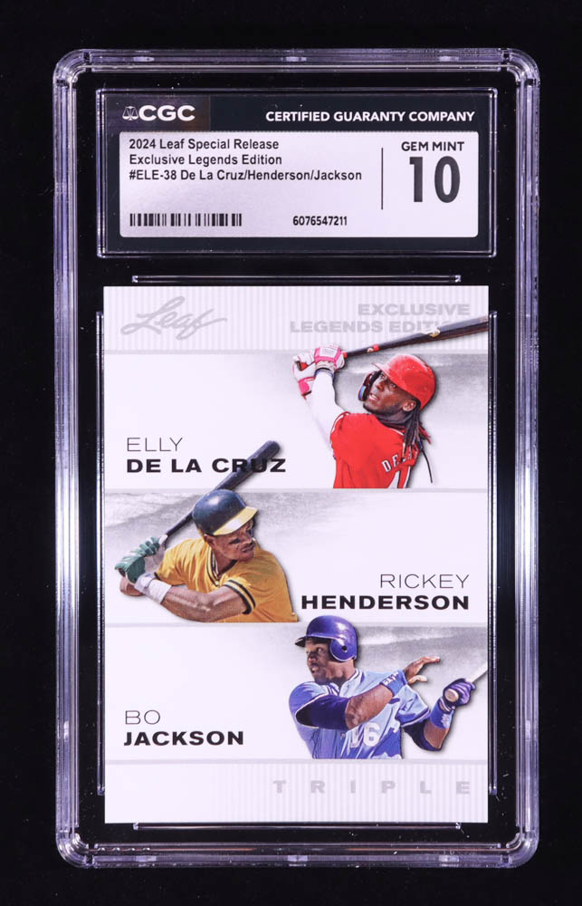 Elly De La Cruz RC / Rickey Henderson / Bo Jackson 2024 Leaf Special Release Exclusive Legends Edition #ELE38 (CGC 10) at PristineAuction.com Elly De La Cruz RC / Rickey Henderson / Bo Jackson 2024 Leaf Special Release Exclusive Legends Edition #ELE38 (CGC 10) at PristineAuction.com