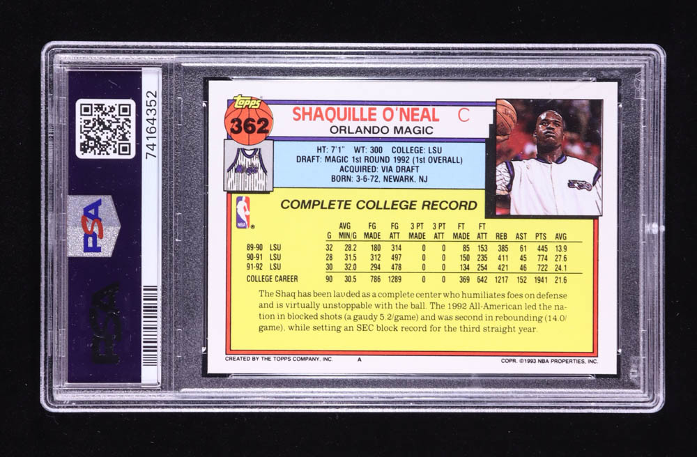Shaquille O'Neal 1992-93 Topps #362 RC (PSA 9) at PristineAuction.com Shaquille O'Neal 1992-93 Topps #362 RC (PSA 9) at PristineAuction.com