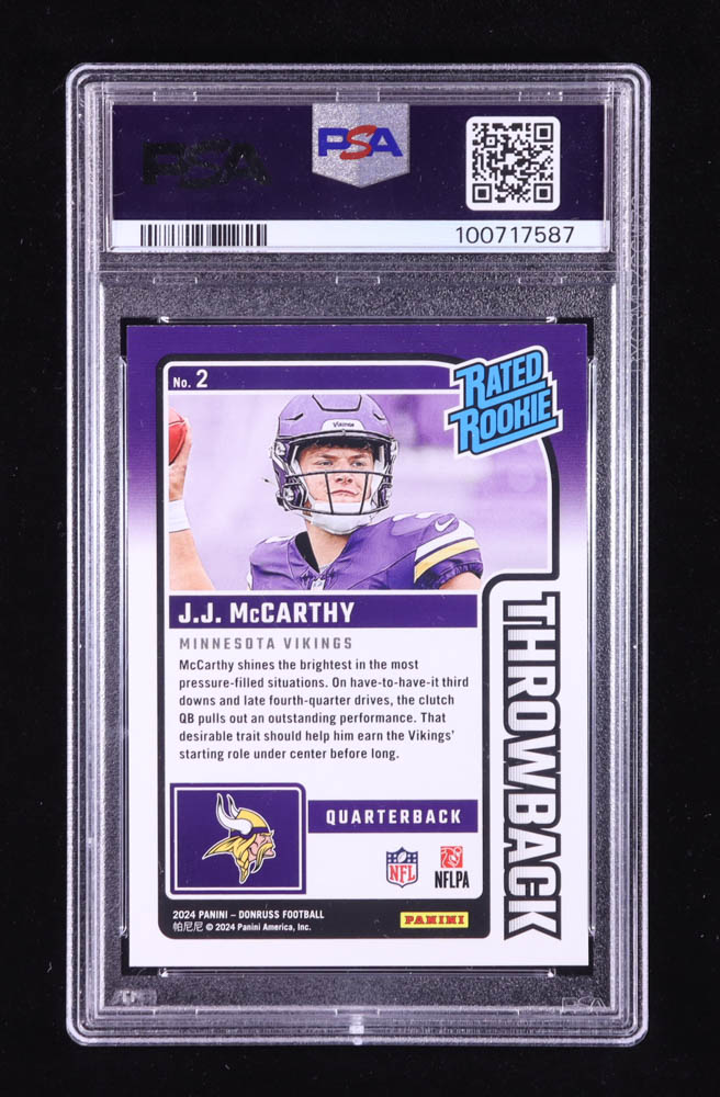 J.J. McCarthy 2024 Donruss Rated Rookies Throwback #2 RC (PSA 9) at PristineAuction.com J.J. McCarthy 2024 Donruss Rated Rookies Throwback #2 RC (PSA 9) at PristineAuction.com