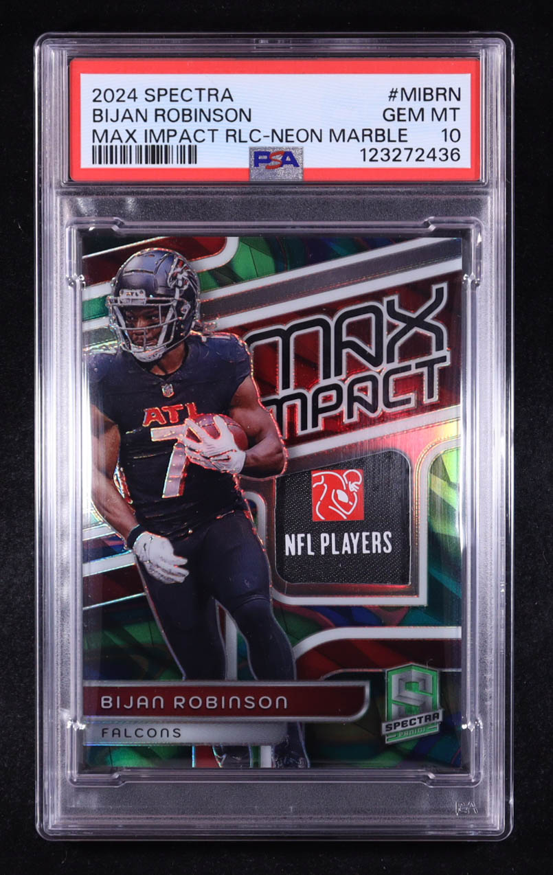 Bijan Robinson 2024 Panini Spectra Max Impact Materials Neon Marble #11 #3/4 (PSA 10) at PristineAuction.com Bijan Robinson 2024 Panini Spectra Max Impact Materials Neon Marble #11 #3/4 (PSA 10) at PristineAuction.com