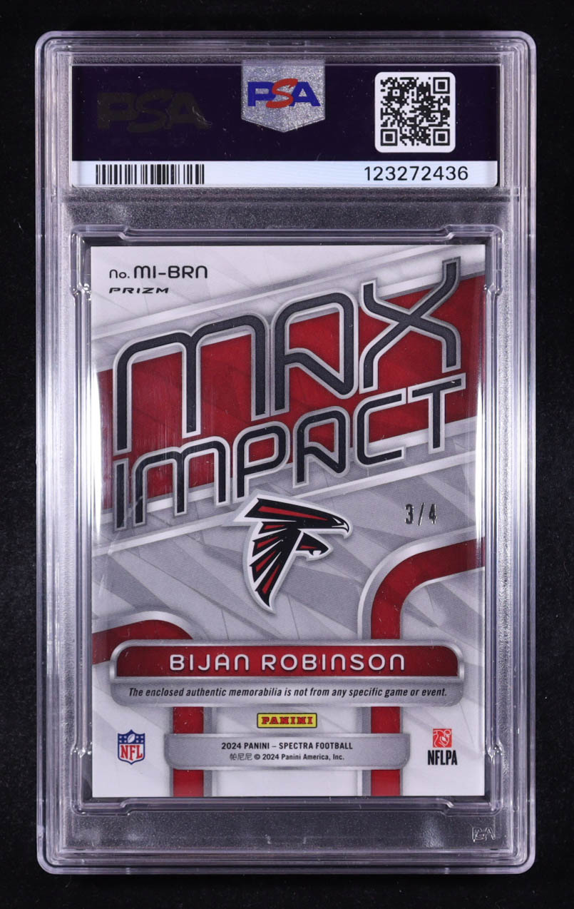 Bijan Robinson 2024 Panini Spectra Max Impact Materials Neon Marble #11 #3/4 (PSA 10) at PristineAuction.com Bijan Robinson 2024 Panini Spectra Max Impact Materials Neon Marble #11 #3/4 (PSA 10) at PristineAuction.com