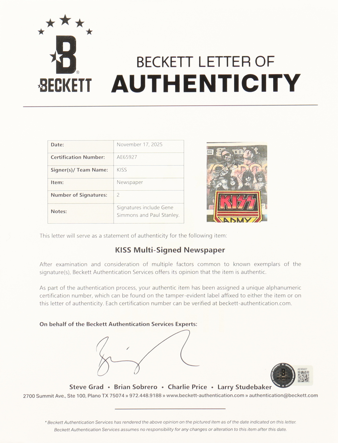 Gene Simmons & Paul Stanley Signed Kiss Custom Framed Newspaper Cover Display (Beckett) at PristineAuction.com Gene Simmons & Paul Stanley Signed Kiss Custom Framed Newspaper Cover Display (Beckett) at PristineAuction.com