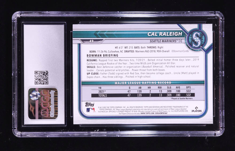 Cal Raleigh 2022 Bowman #49 RC (CGC 10) at PristineAuction.com Cal Raleigh 2022 Bowman #49 RC (CGC 10) at PristineAuction.com