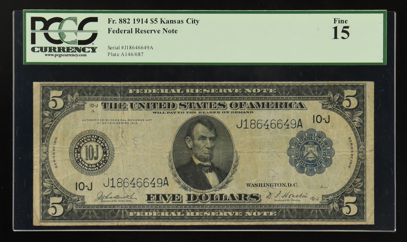 1914 $5 Five Dollar Blue Seal Federal Reserve Note Kansas City U.S. Bank Note (PCGS F15) at PristineAuction.com 1914 $5 Five Dollar Blue Seal Federal Reserve Note Kansas City U.S. Bank Note (PCGS F15) at PristineAuction.com