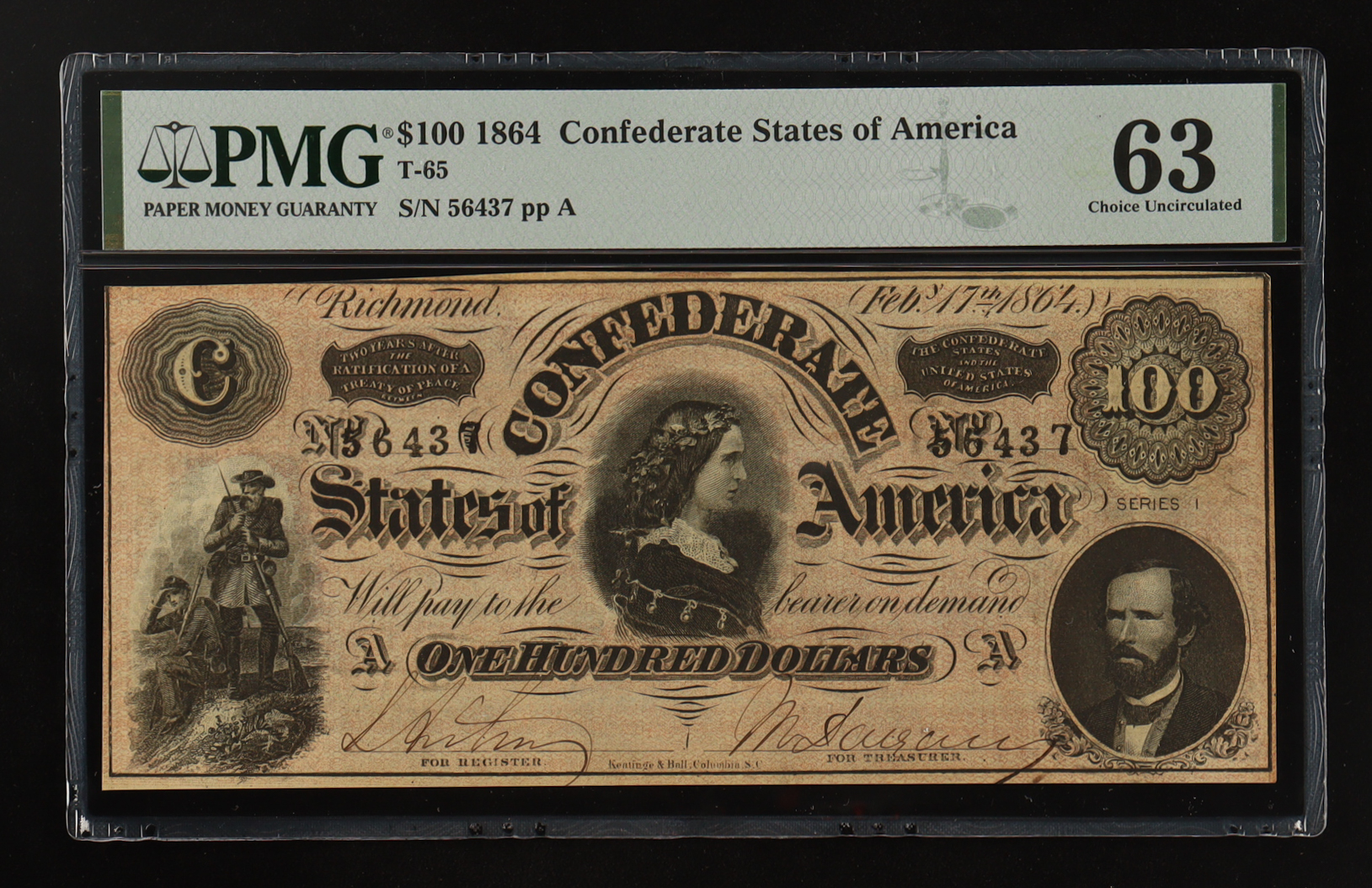 1864 Confederate States of America $100 Currency Note, T-65 (PMG Choice Uncirculated 63) at PristineAuction.com 1864 Confederate States of America $100 Currency Note, T-65 (PMG Choice Uncirculated 63) at PristineAuction.com