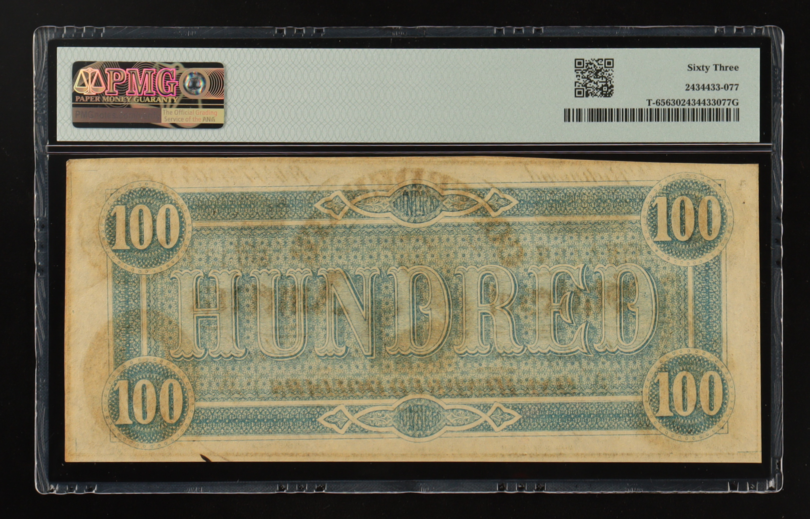 1864 Confederate States of America $100 Currency Note, T-65 (PMG Choice Uncirculated 63) at PristineAuction.com 1864 Confederate States of America $100 Currency Note, T-65 (PMG Choice Uncirculated 63) at PristineAuction.com