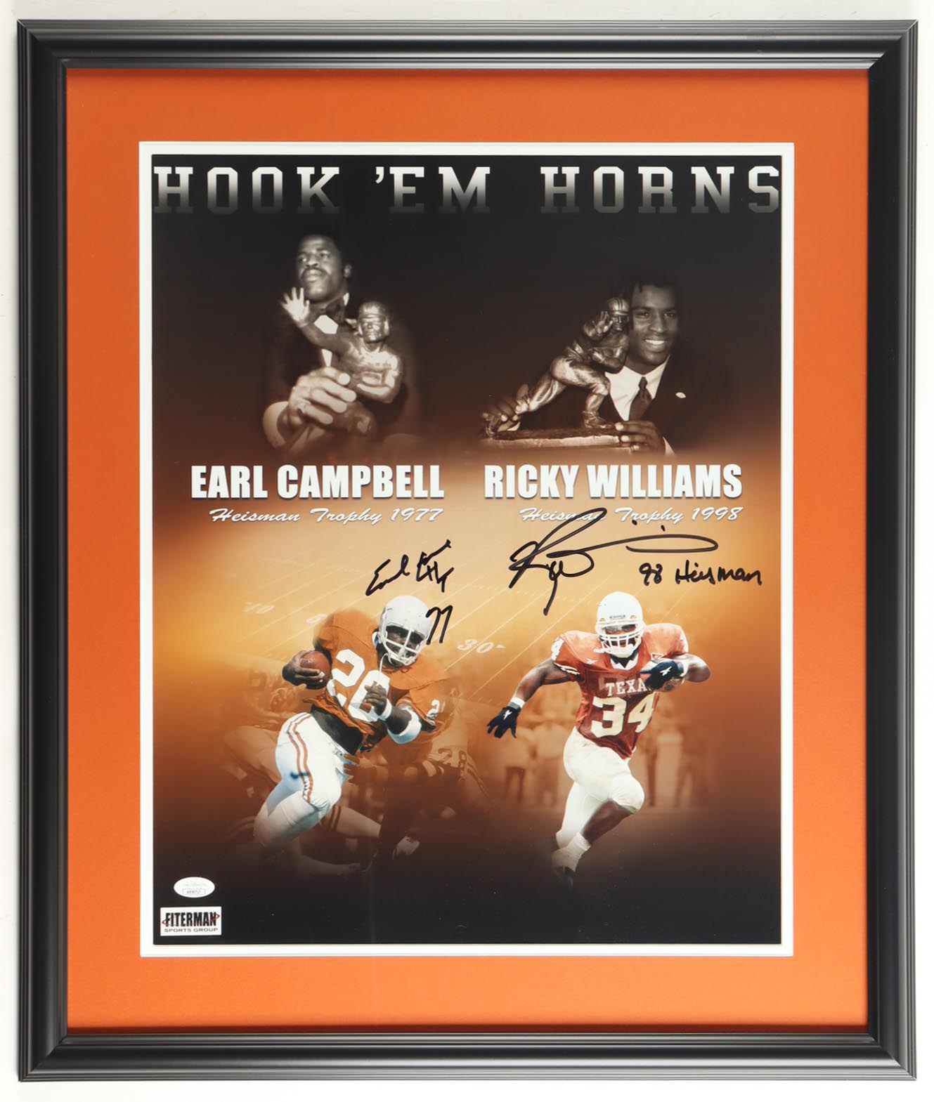 Earl Campbell & Ricky Williams Signed Texas Longhorns Custom Framed Photo Inscribed "HT 77" & "98 Heisman" (JSA) at PristineAuction.com Earl Campbell & Ricky Williams Signed Texas Longhorns Custom Framed Photo Inscribed "HT 77" & "98 Heisman" (JSA) at PristineAuction.com