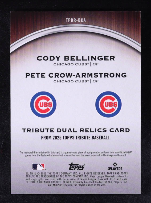 Cody Bellinger / Pete Crow-Armstrong 2025 Topps Tribute Dual Player Relics Gold #TPDRBCA #17/75 at PristineAuction.com Cody Bellinger / Pete Crow-Armstrong 2025 Topps Tribute Dual Player Relics Gold #TPDRBCA #17/75 at PristineAuction.com