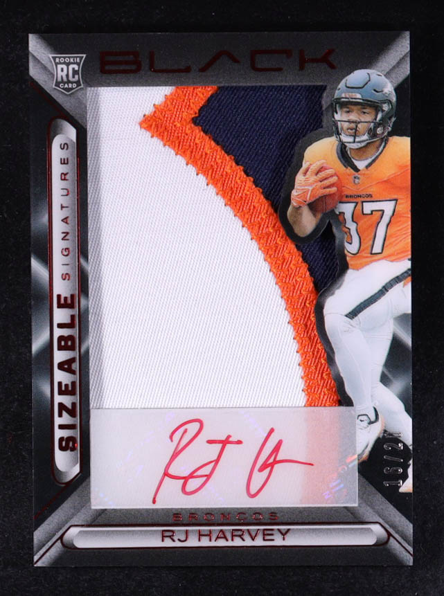 RJ Harvey 2025 Panini Black Sizeable Rookie Jersey Signatures Ruby #9 #16/20 RC at PristineAuction.com RJ Harvey 2025 Panini Black Sizeable Rookie Jersey Signatures Ruby #9 #16/20 RC at PristineAuction.com