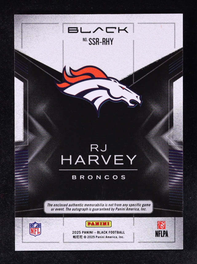 RJ Harvey 2025 Panini Black Sizeable Rookie Jersey Signatures Ruby #9 #16/20 RC at PristineAuction.com RJ Harvey 2025 Panini Black Sizeable Rookie Jersey Signatures Ruby #9 #16/20 RC at PristineAuction.com