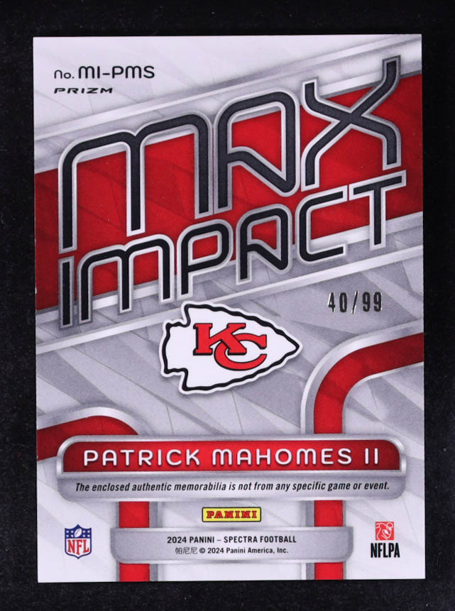 Patrick Mahomes II 2024 Panini Spectra Max Impact Materials #1 #40/99 at PristineAuction.com Patrick Mahomes II 2024 Panini Spectra Max Impact Materials #1 #40/99 at PristineAuction.com