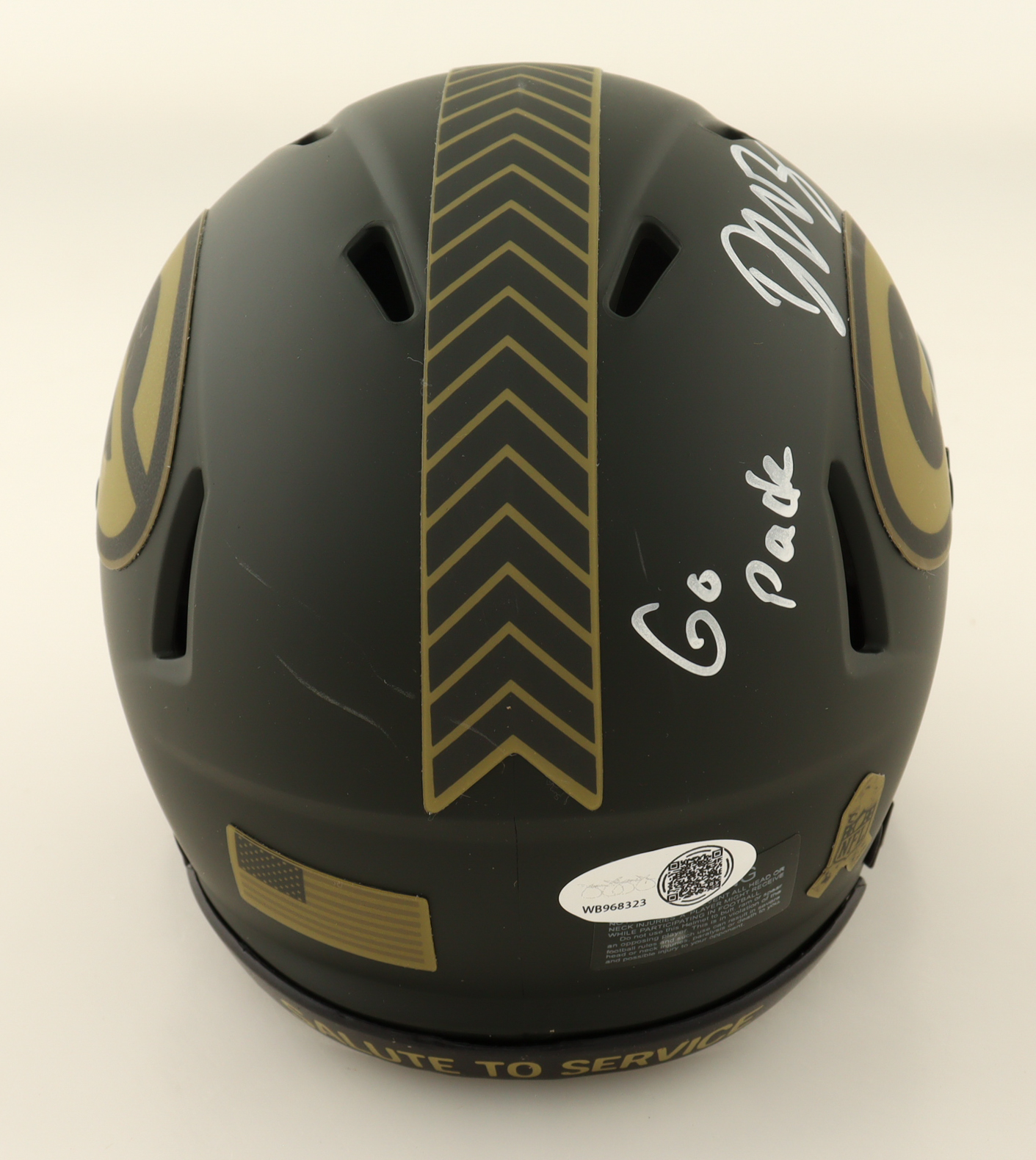 Dontayvion Wicks Signed Packers Salute To Service Alternate Mini Helmet Inscribed "Go Packs" (JSA) at PristineAuction.com Dontayvion Wicks Signed Packers Salute To Service Alternate Mini Helmet Inscribed "Go Packs" (JSA) at PristineAuction.com