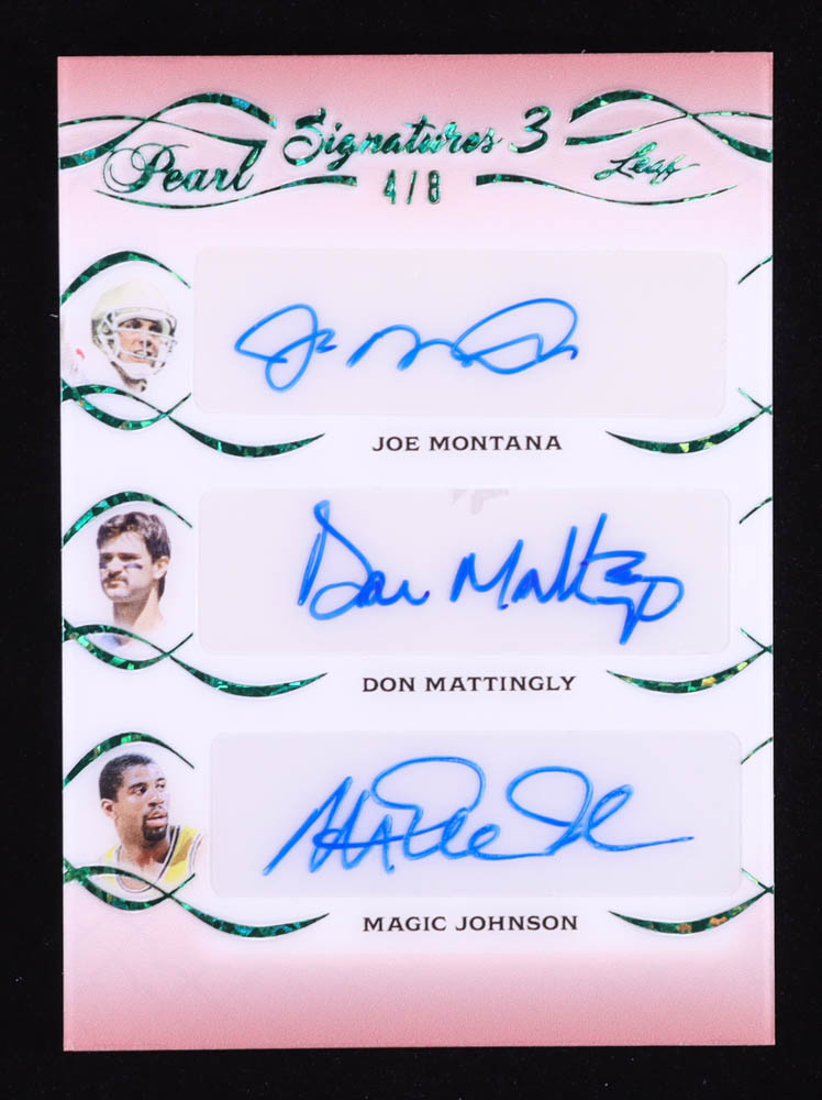 Joe Montana / Don Mattingly / Magic Johnson 2022 Leaf Pearl Signatures 3 Green #P34 #4/8 at PristineAuction.com Joe Montana / Don Mattingly / Magic Johnson 2022 Leaf Pearl Signatures 3 Green #P34 #4/8 at PristineAuction.com